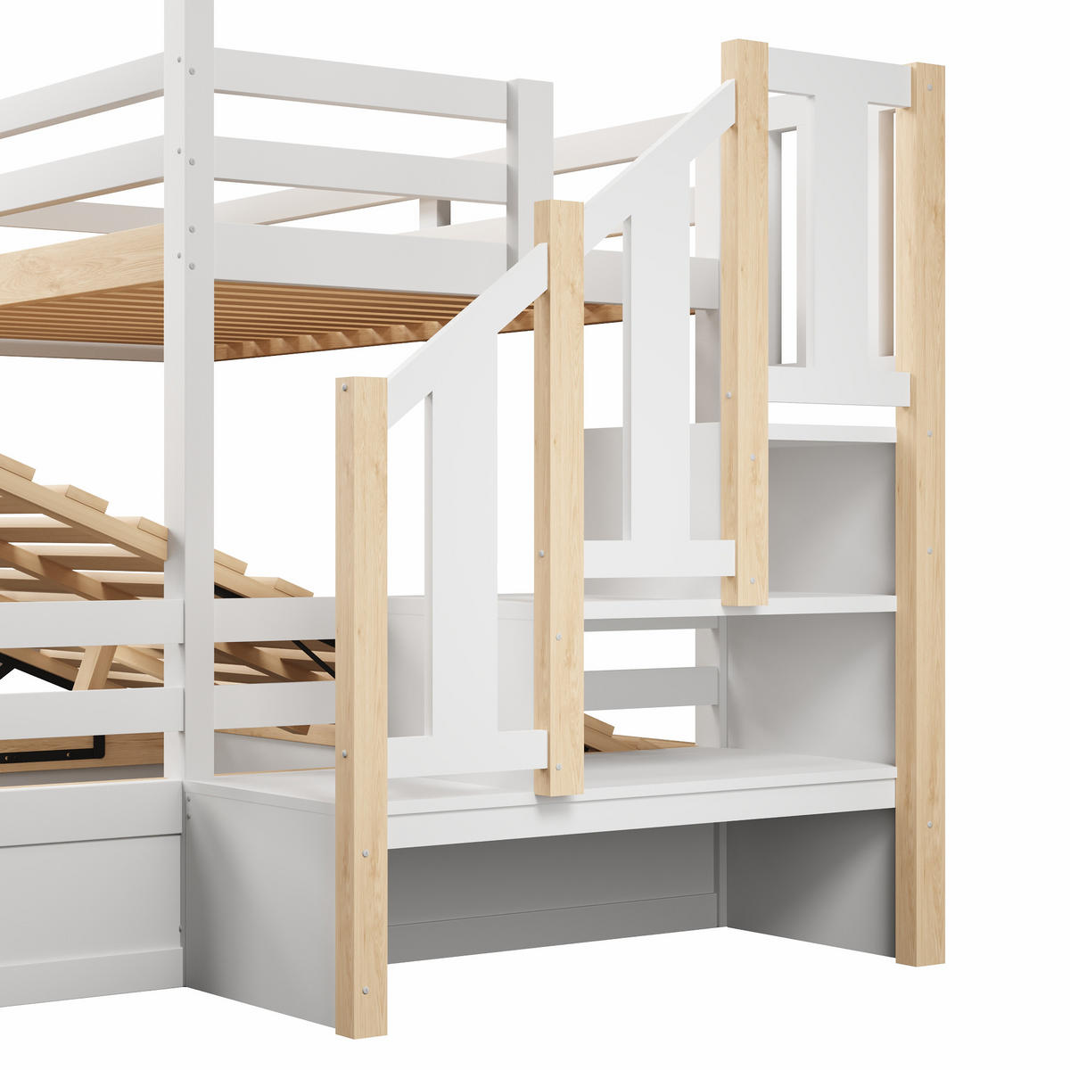 ETAGENBETT 90/200 cm & 140/200 cm in Weiß & Natur mit Stauraumleiter und Bettgitter - Weiß/Naturfarben, Holz/Holzwerkstoff (140/200cm) - CHICFURN