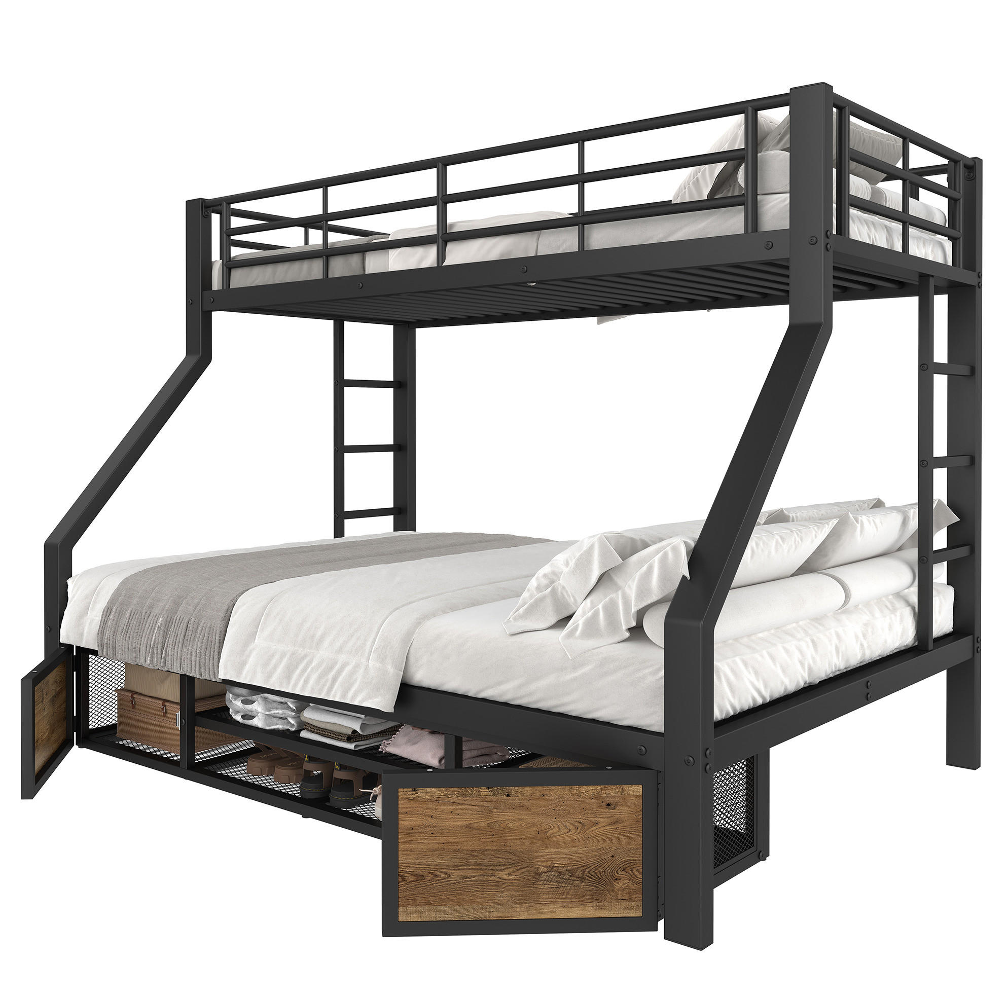 ETAGENBETT 90/200 & 140/200 cm aus Metall mit Schuhschrank und Staufächern Schwarz - Schwarz, Metall (90/200cm) - Modenvie