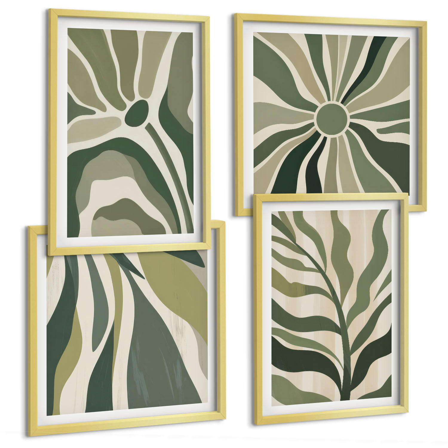 BILDER SET 4er Set - 50x50 cm & 40x60 cm Goldrahmen - Bemalte Blätter mit Grün - Goldfarben, Kunststoff (50/50cm) - TULUP