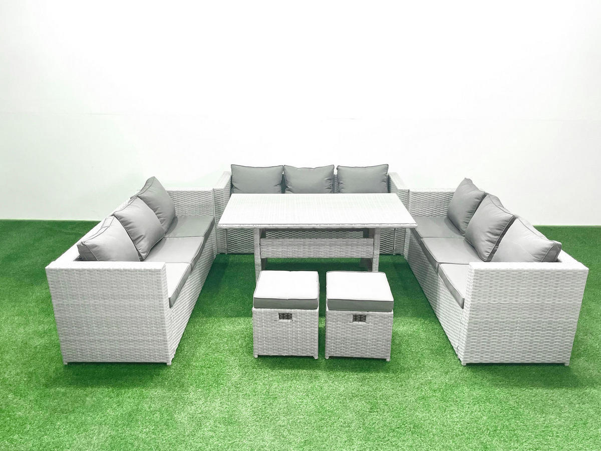 GARTENSET mit Esstisch,Sofa,2 Kleiner Fußhocker Polyrattan Hellgrau 11-Sitzer - Hellgrau/Grau, Glas/Kunststoff - Fimous