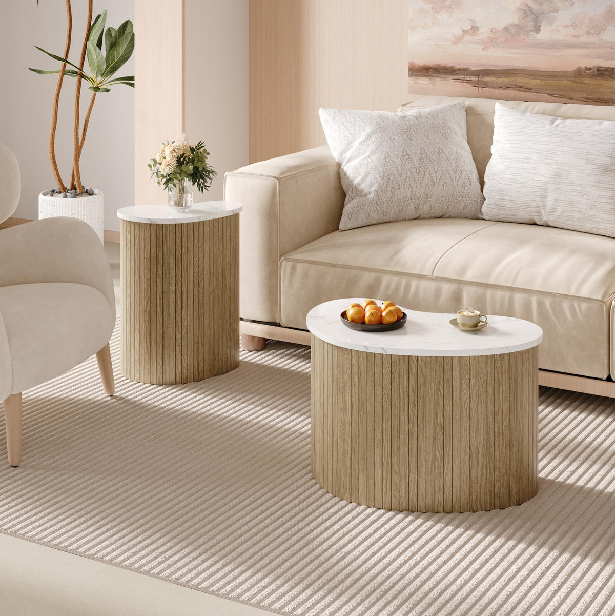 COUCHTISCH-SET 60/37/38 und 40/25/50 cm mit flexibler Stellmöglichkeit und Stauraum, Natur/Weiß - Naturfarben, Holzwerkstoff (60/37/38cm) - Redom