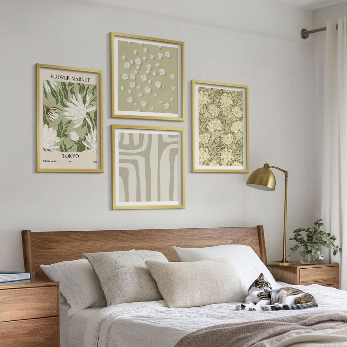 WANDBILDER 4er Set - 50x50 cm & 40x60 cm Goldrahmen - Boho-Pflanzenkompositionen in Pastellfarben - Goldfarben, Kunststoff (50/50cm) - ArtPrintCave