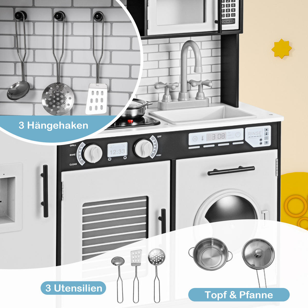 KINDERKÜCHE Schwarz - Schwarz, Holzwerkstoff (25/80.5/82cm) - COSTWAY