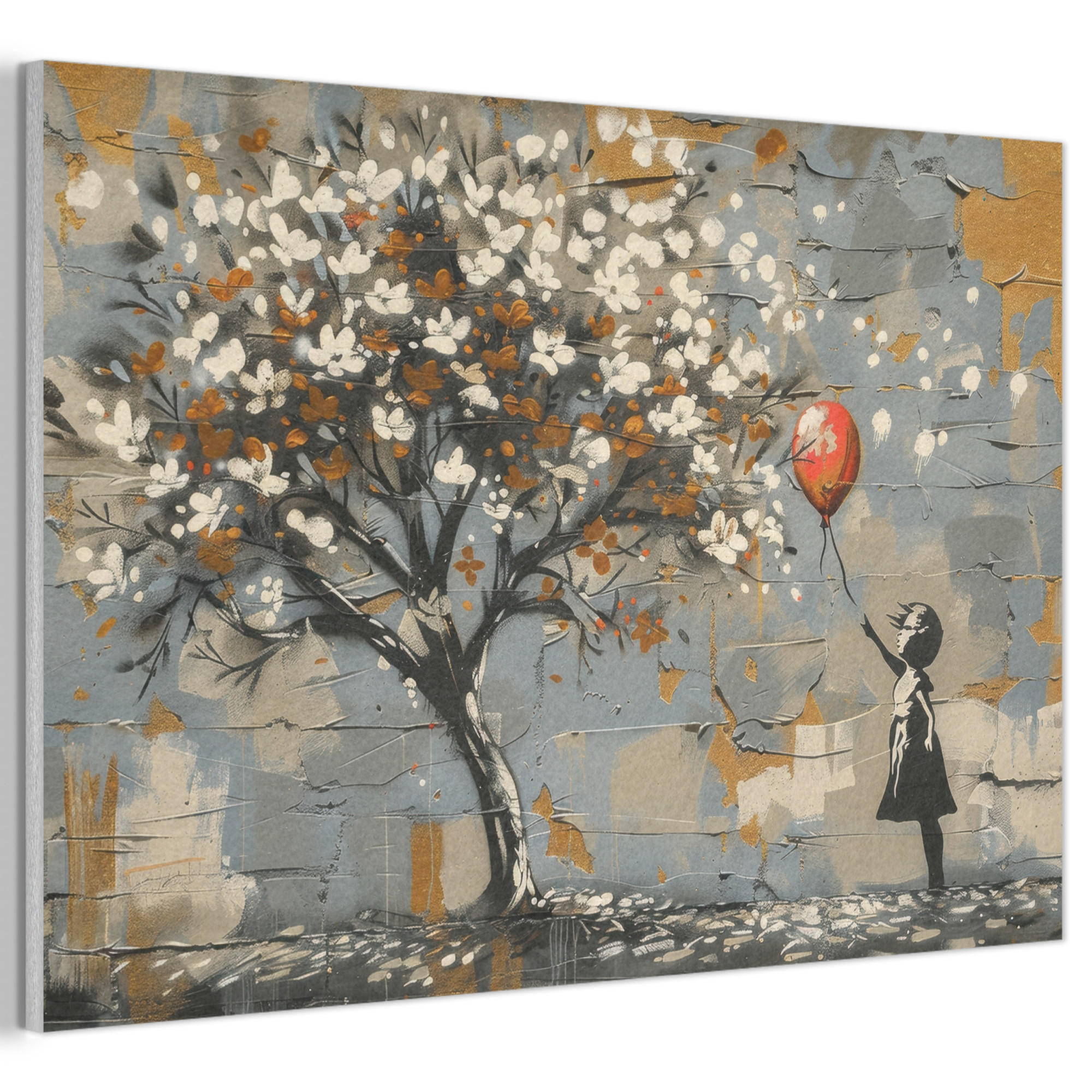 AKUSTIKBILD Baum - Graffiti - Banksy-Stil - Ballon-Mädchen Akustikpaneele 90x60 cm - Blaugrau, Kunststoff (90/60/0.9cm) - MuchoWow