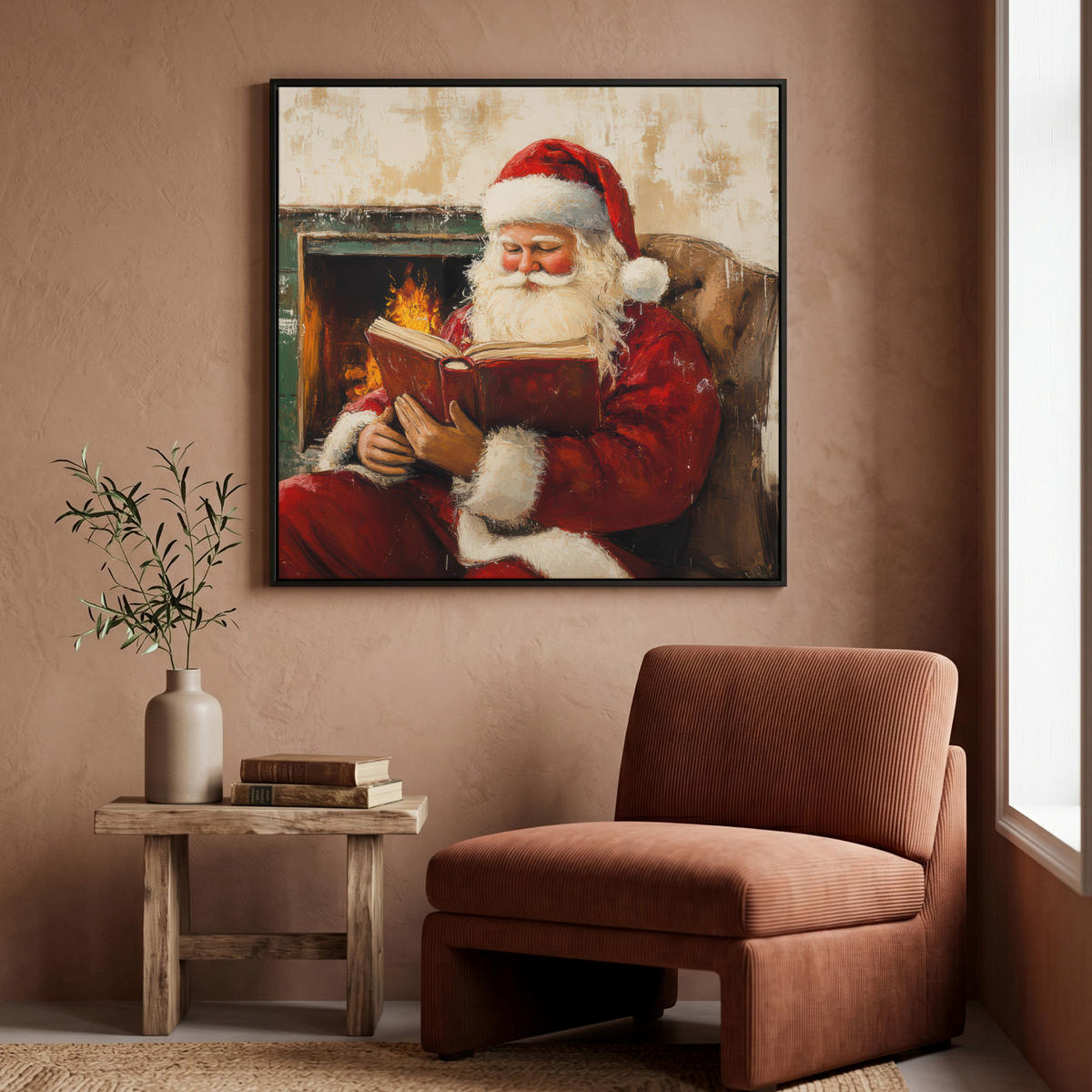 LEINWAND Bilder mit Rahmen - Weihnachten - Weihnachtsmann - Winter - Open Fireside - 90x90 - Dunkelrot, Textil (90/90cm) - MuchoWow