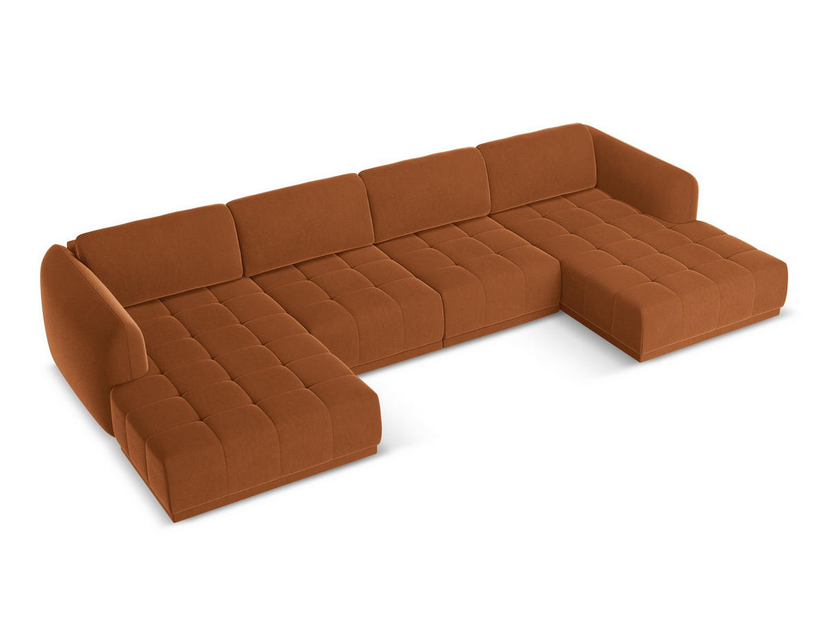 WOHNLANDSCHAFT Samt Stoff Orange - Terra cotta/Schwarz, Kunststoff/Textil (370/74/170cm) - Makamii