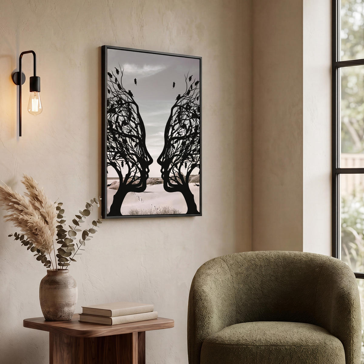 LEINWAND Bilder mit Rahmen - Strand - Meer - Menschen - Baum - Moderne Kunst - 60x80 - Hellgrau, Textil (60/80cm) - MuchoWow