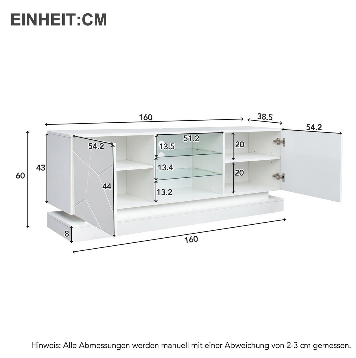 TV-ELEMENT mit Glasablage 160 cm Weiß Spanplatte - Weiß, Holzwerkstoff (38.5/60/160cm) - Beauniv
