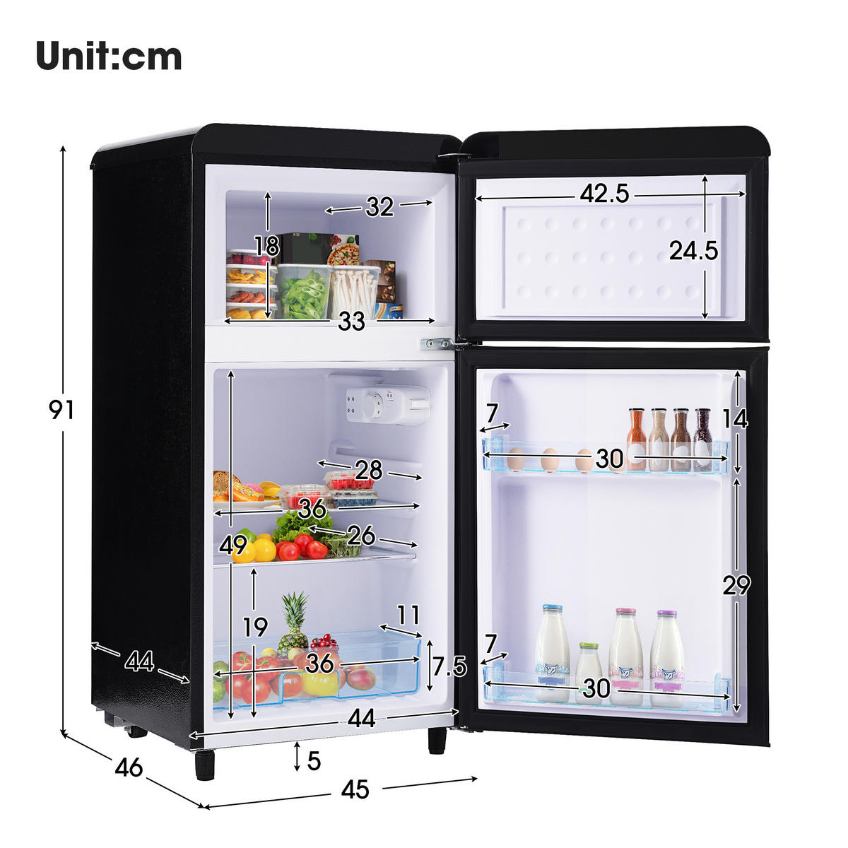 RETRO KÜHLSCHRANK 72L Doppeltür 21L Gefrier LED E Klasse - Schwarz, Kunststoff (45/91/46cm) - FLIEKS