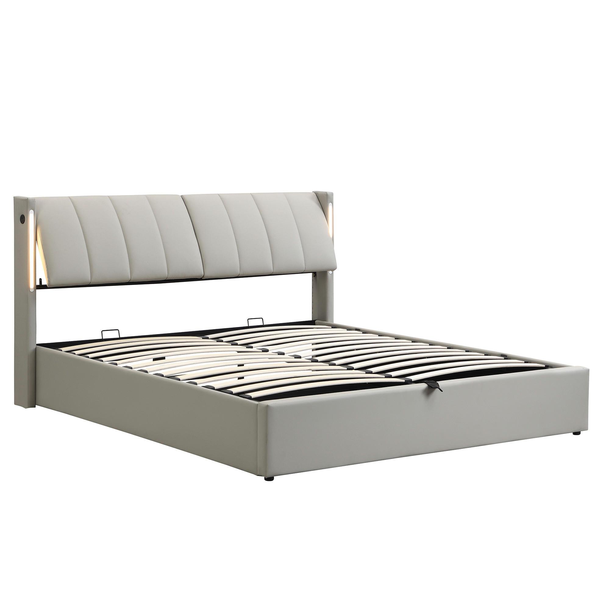 POLSTERBETT aus PU 140x200 cm Grau mit Stauraum, LED-Beleuchtung, USB-Anschluss und verstellbarem Kopfteil - Grau, Leder (140/200cm) - IVMEU