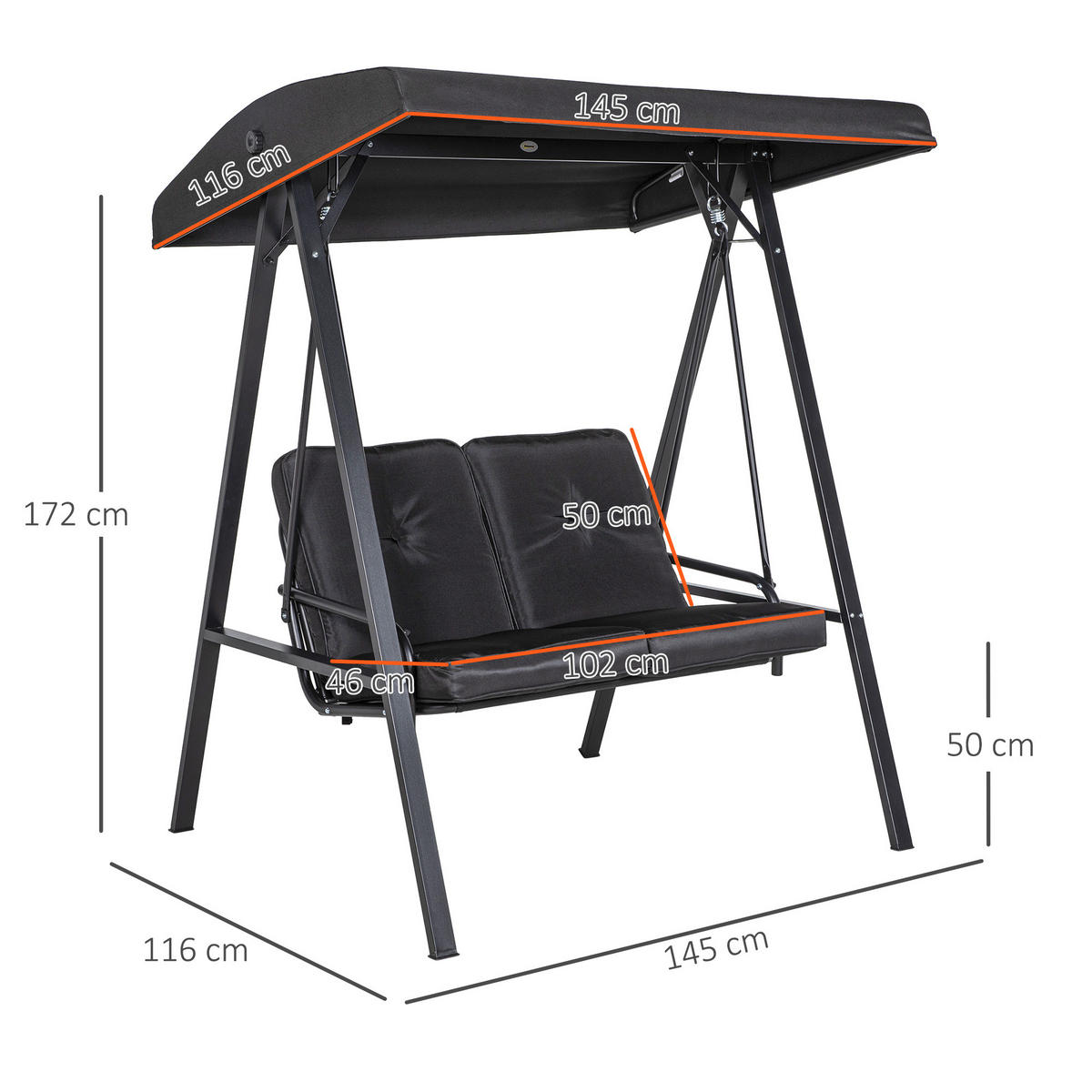 HOLLYWOODSCHAUKEL 2-Sitzer mit Verstellbarem Dach - Schwarz, Metall (116/172/145cm) - Outsunny