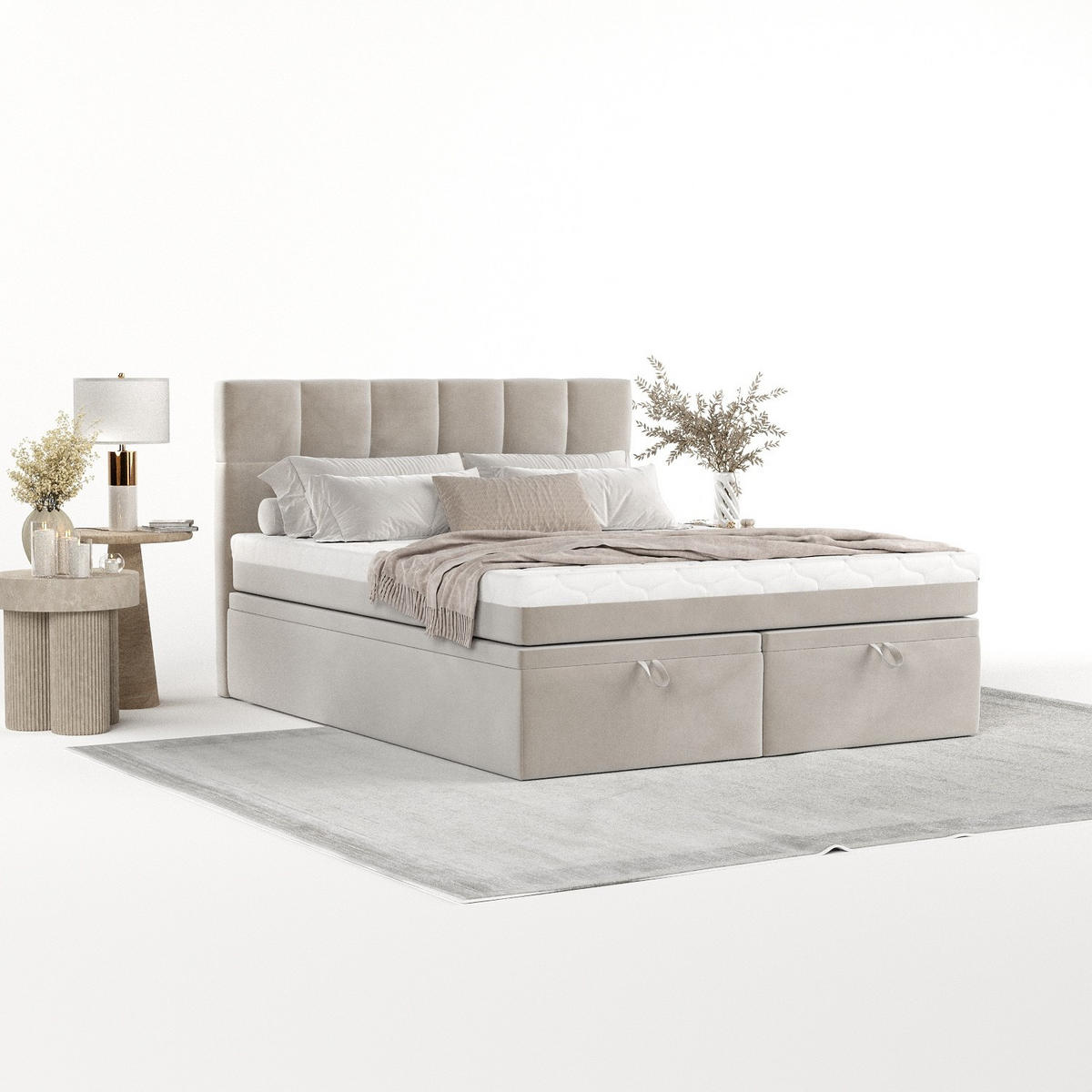 BOXBETT Elano 200/200 cm Hellbeige im Paros Stoff - Beige/Schwarz, Holz/Holzwerkstoff (200/200cm) - AltaBeds