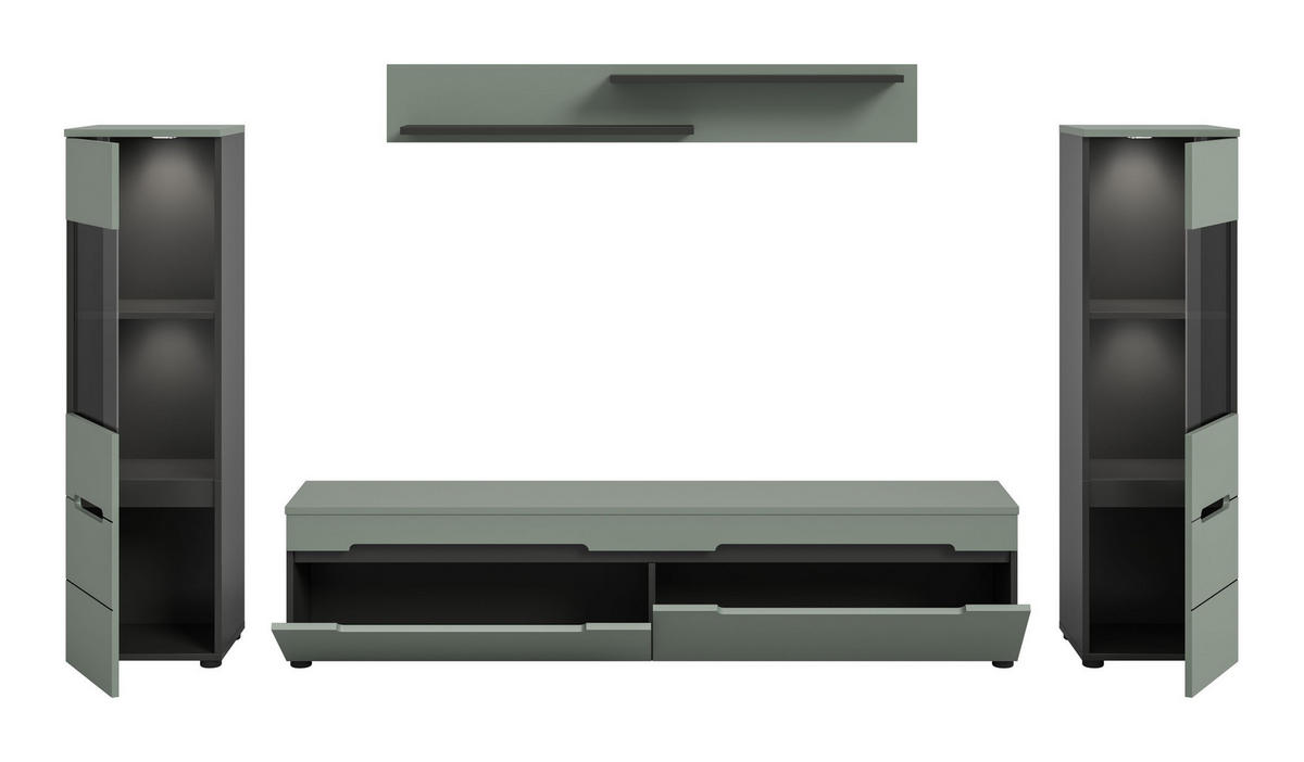 WOHNWAND inkl Beleuchtung Nova 4 tlg. (B/H/T: ca. 272/141/33 cm) in Basalt grau/Smoke Green - Grau, Holzwerkstoff (272/141/33cm)