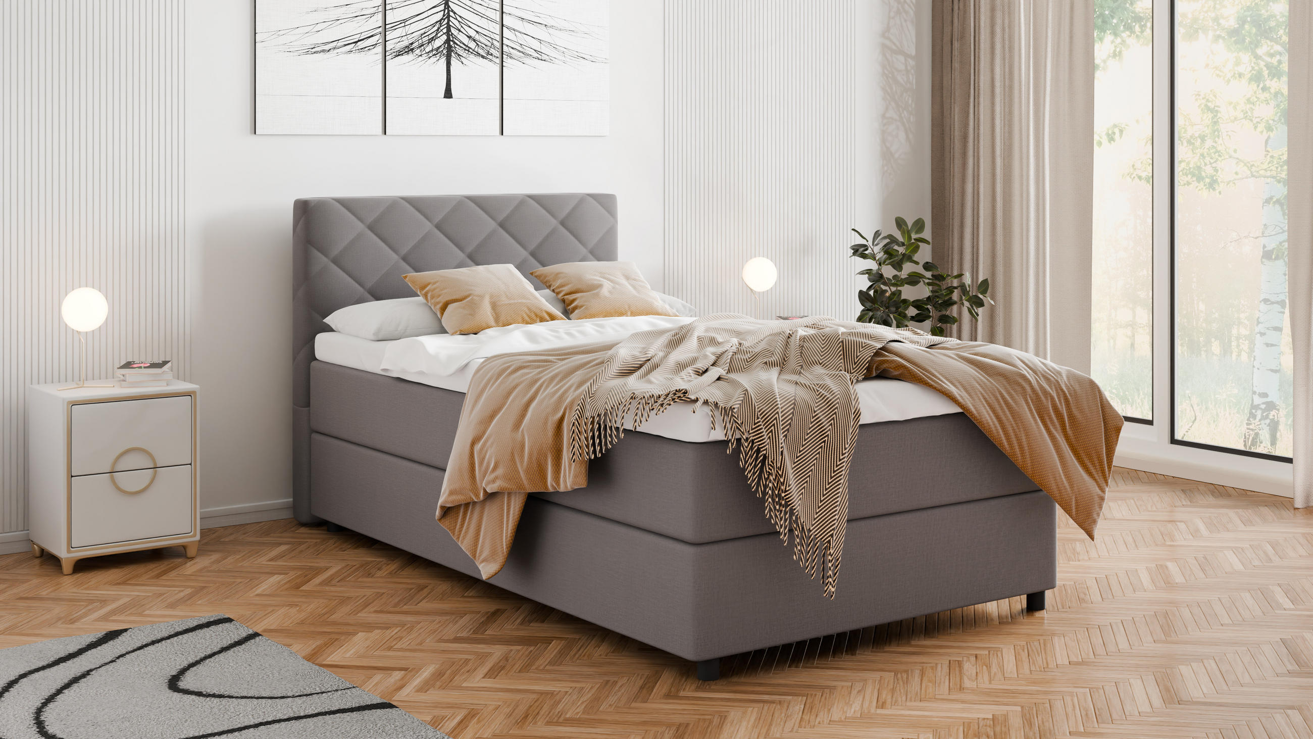BOXBETT Diamaro 120x200 cm mit Bettkasten und Topper - Dunkelgrau - Grau, Holz (120/215cm) - Panda Möbel