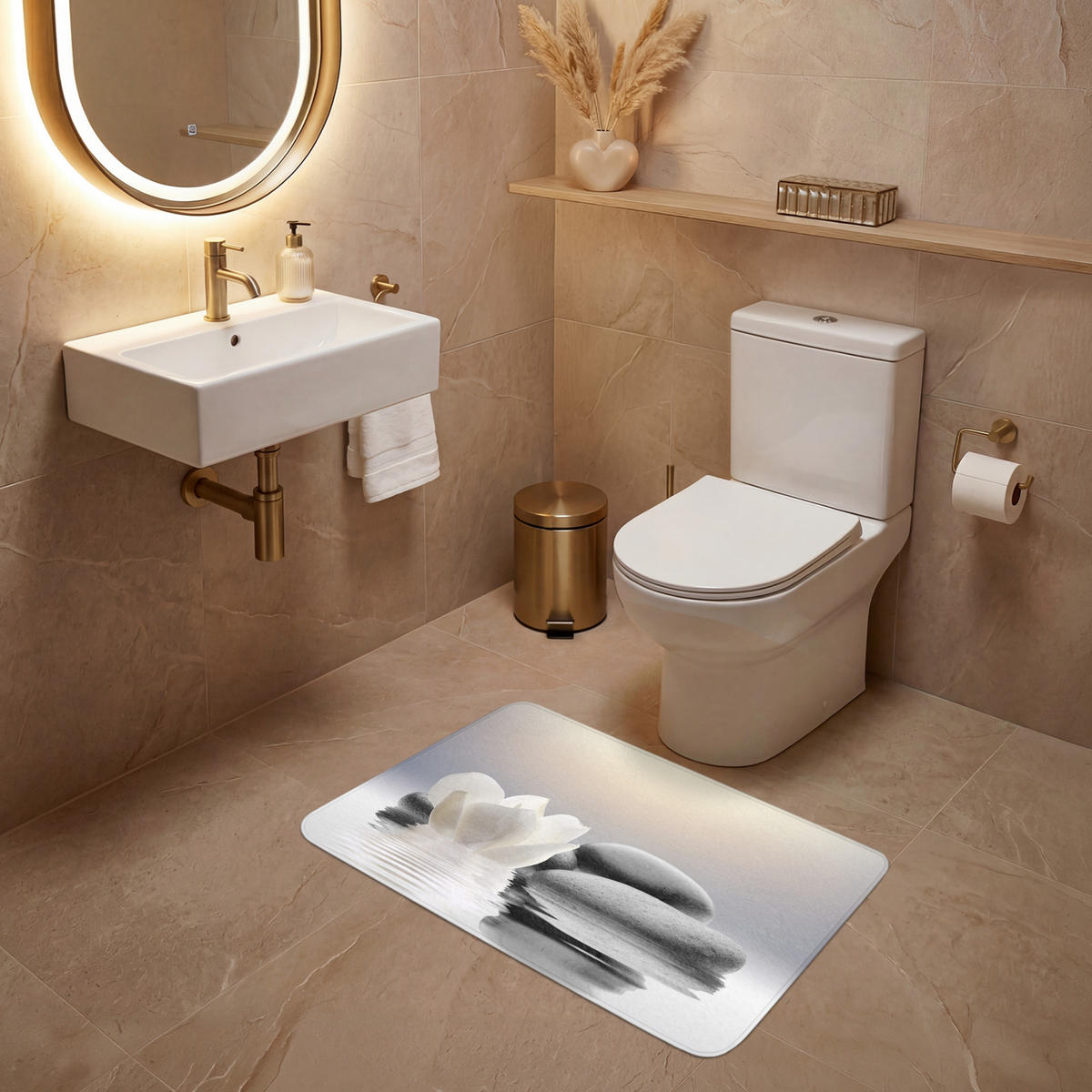 WC PŘEDLOŽKA Kameny - Lotos - Bílý - Voda - Zen 80x50 cm - bílá, textil/plast (80/1cm) - OnlyWow