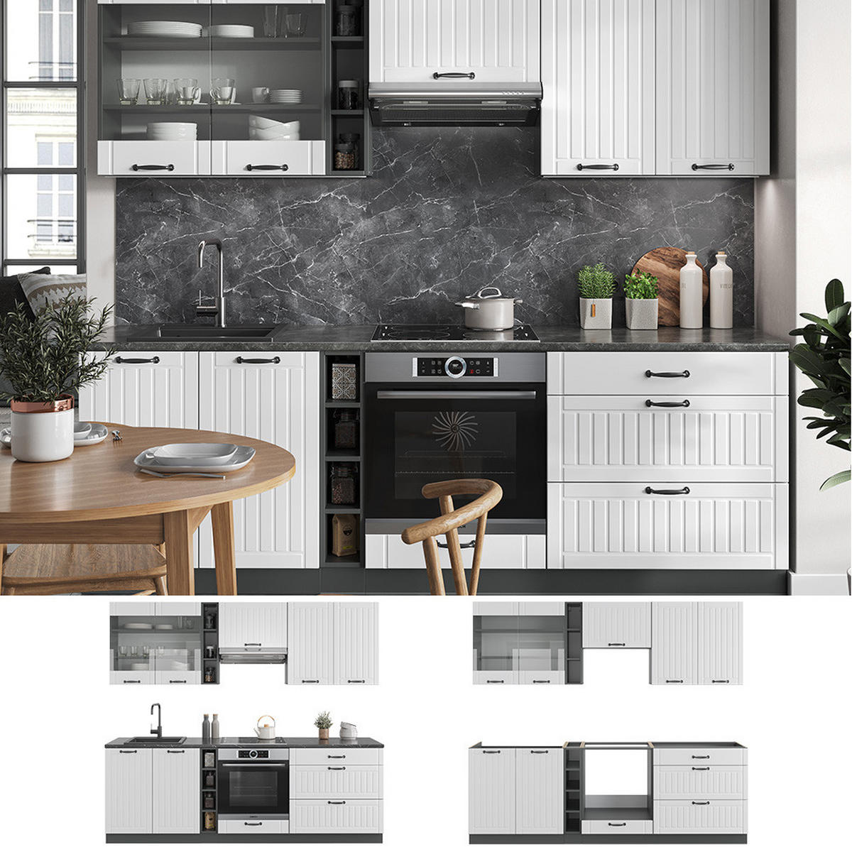 KÜCHENZEILE Fame-Line Weiß Landhaus/Anthrazit 235 cm, AP Marmor - Anthrazit/Creme, Holzwerkstoff (235/81.6/60cm) - Vicco