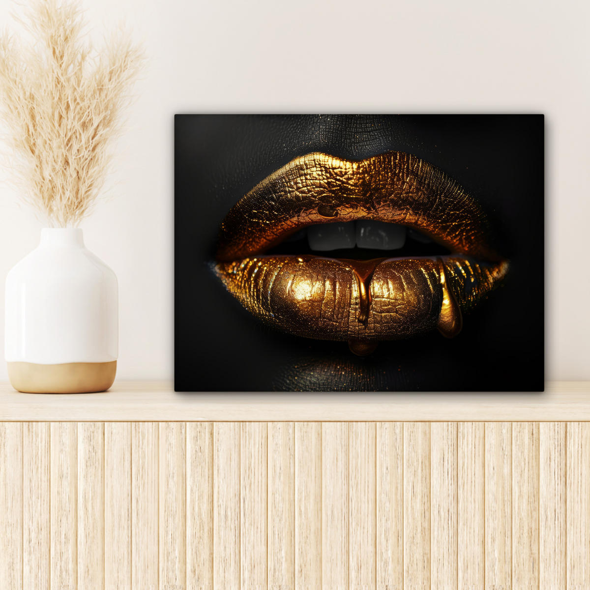 LEINWANDBILD Frau - Porträt - Lippen - Gold - Schwarz 40x30 cm - Schwarz, Textil (40/30cm) - MuchoWow