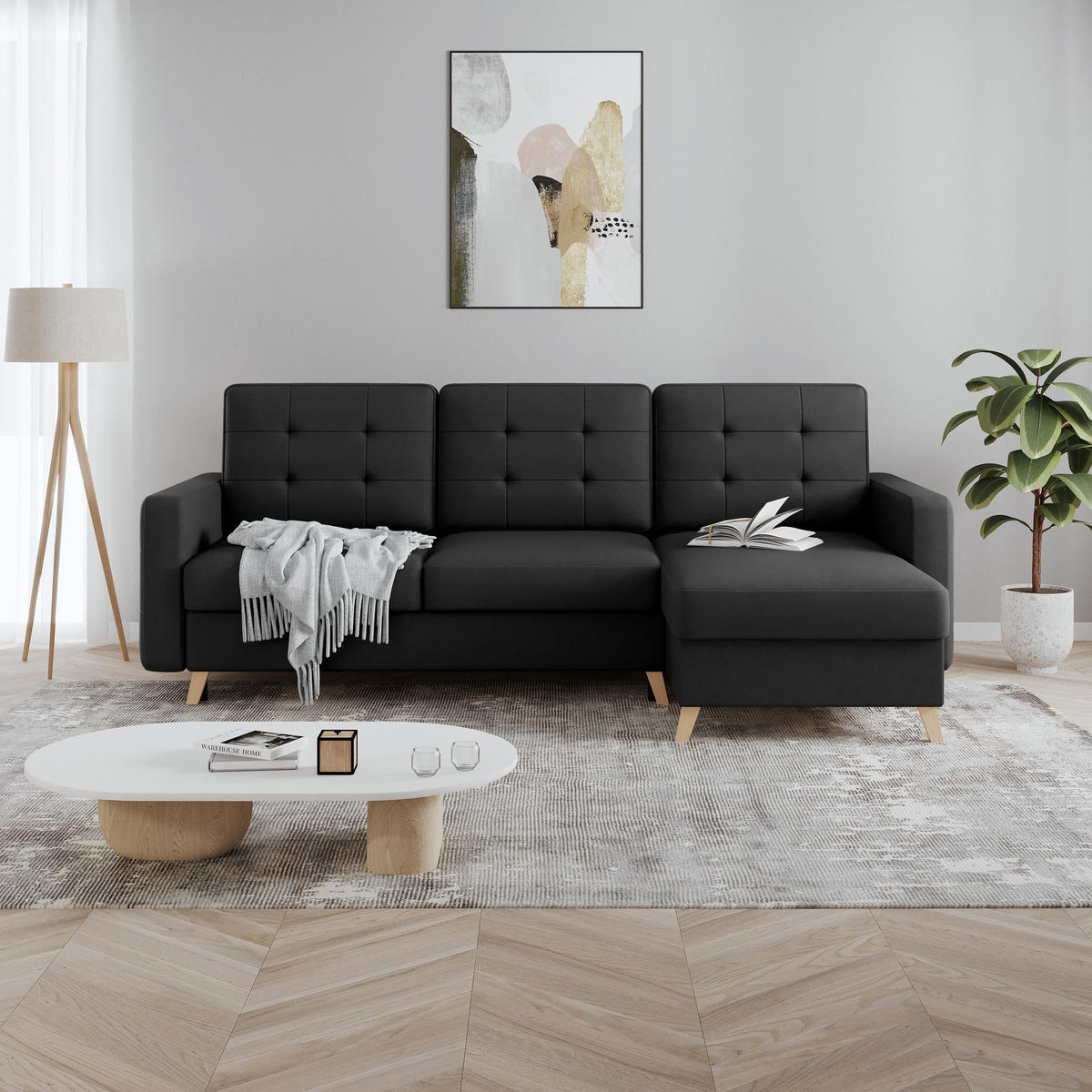 ECKSCHLAFSOFA Vinci mit universelle Ottomane, Dunkelgrau - Buchefarben/Schwarz, Textil (236/151cm) - Beautysofa