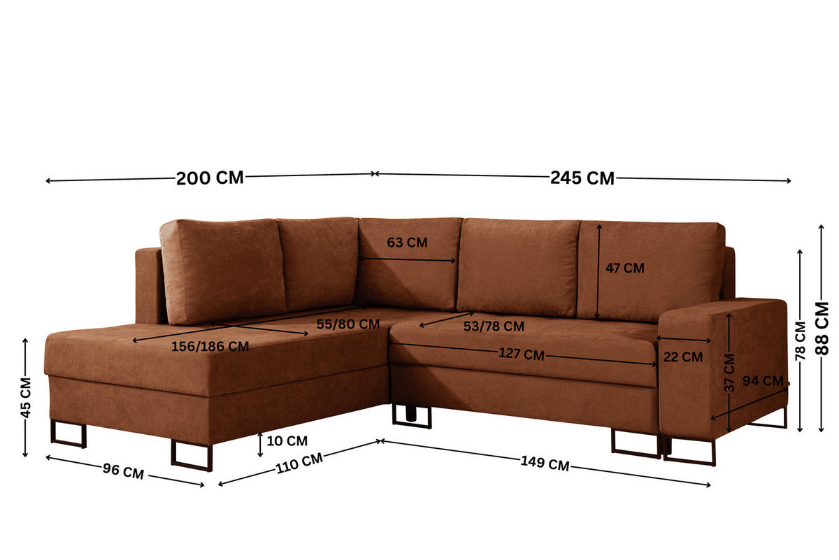 ECKSOFA mit Schlaffunktion Rechts Rostrot Chenille - 245x200 cm - Trevi - Terracotta/Schwarz, Holz/Holzwerkstoff (245/200cm) - Ravio