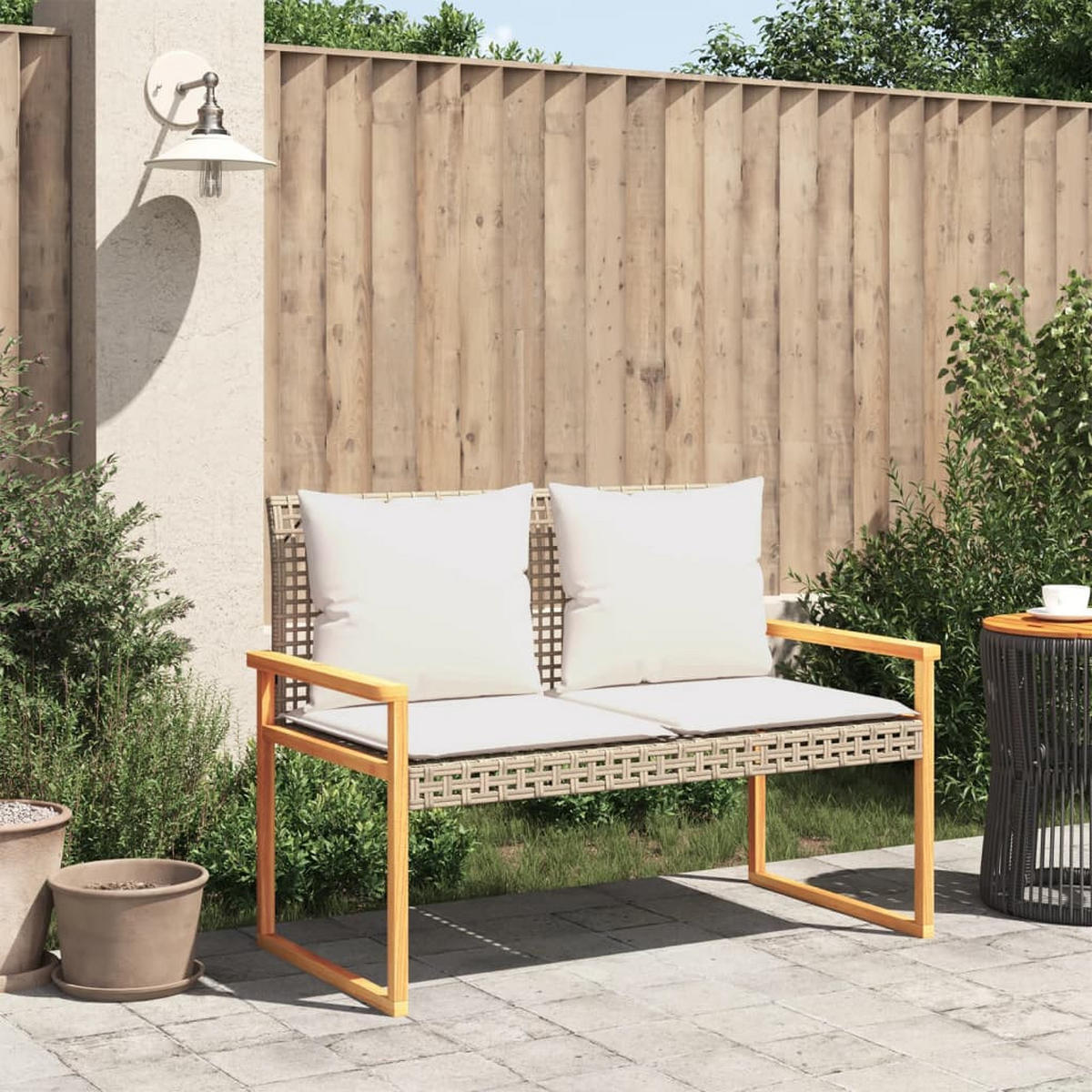 GARTENBANK mit Kissen Beige Poly Rattan Akazienholz - Beige, Kunststoff (119/79/61cm) - furnicato