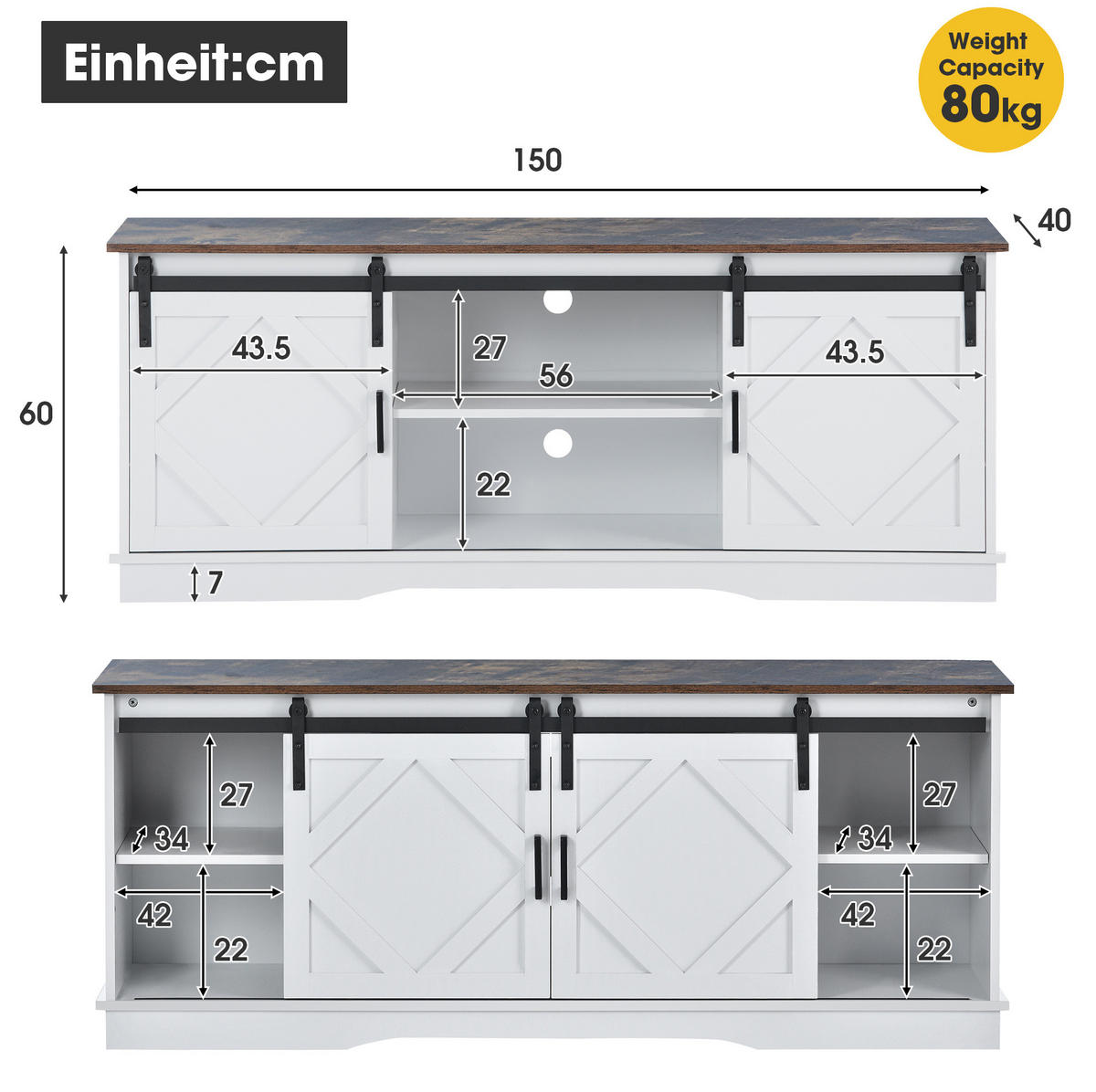LOWBOARD 150/40/60 cm in Weiß/Braun mit Schiebetüren und verstellbaren Regalen - Weiß, Holzwerkstoff (150/60/40cm) - Flora Grace