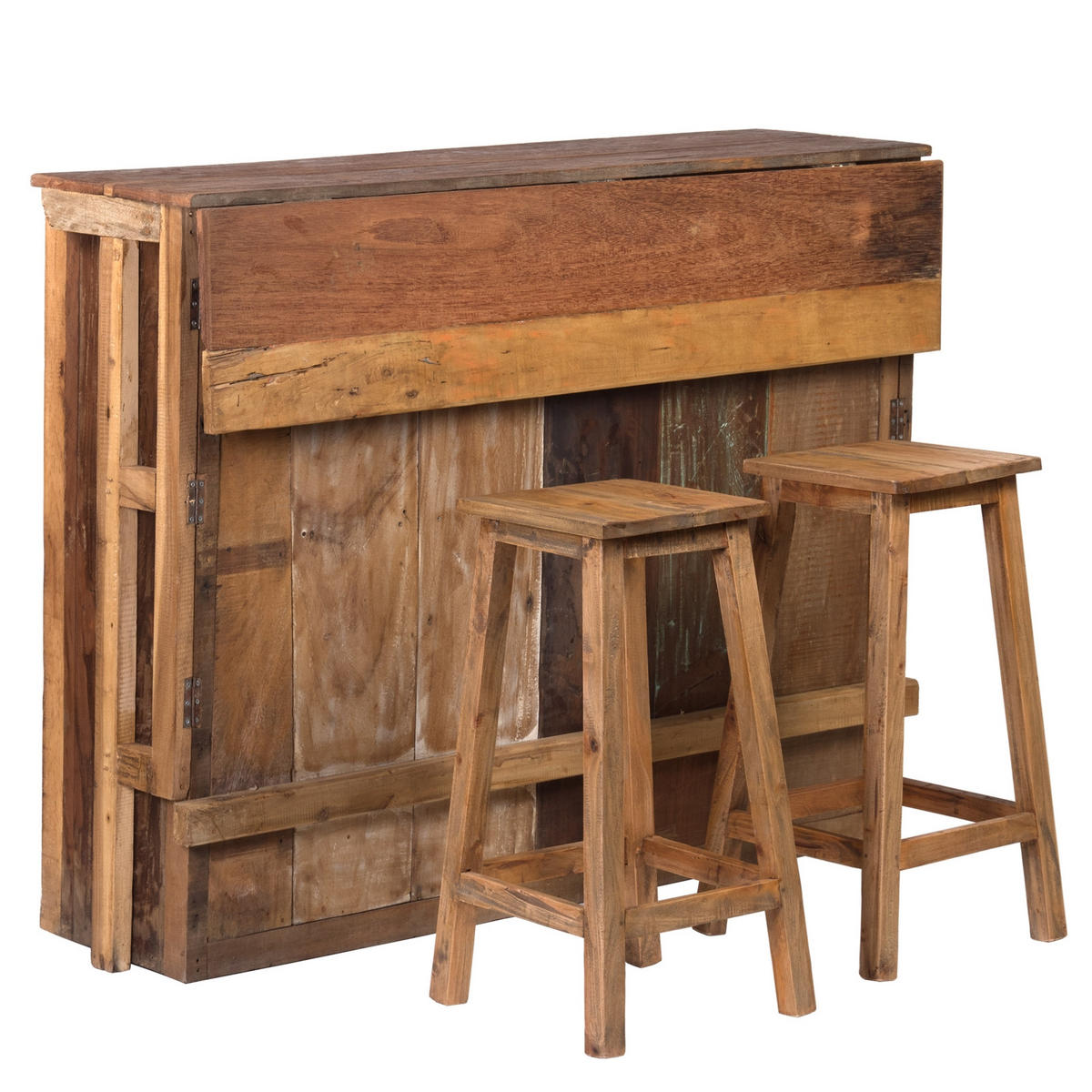 BARSCHRANK-SET Aruba 3-tlg. Massivholz, mit 2 Barhockern, 12er Flaschenregal und Gläserschienen naturfarben - Naturfarben, Holz (140/110/69cm) - DESIGN DELIGHTS