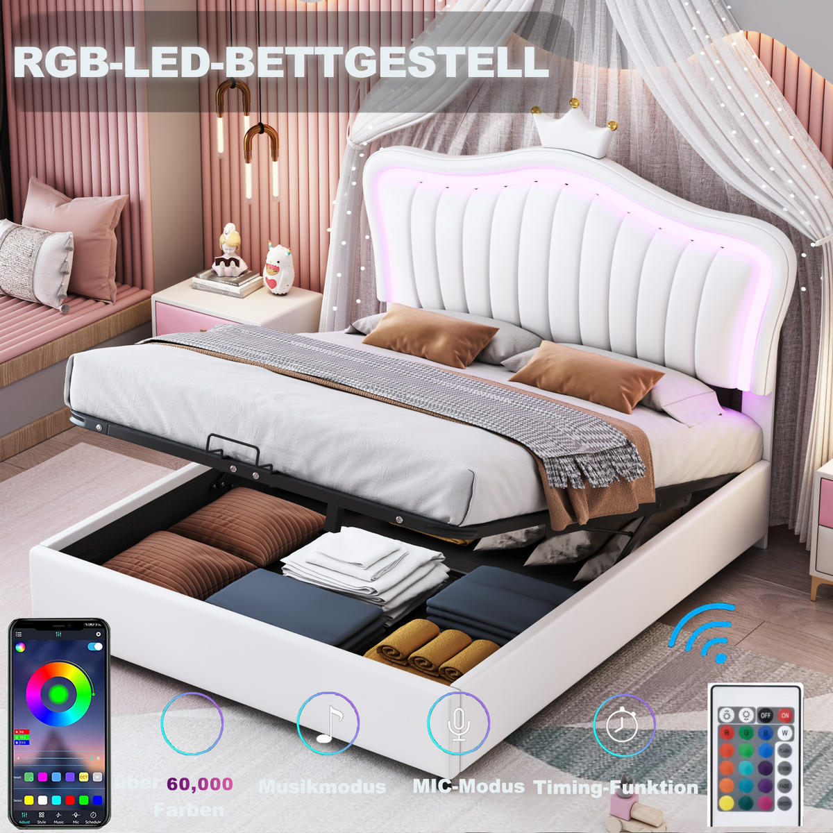 KINDERBETT 140x200 cm Weiß PU Leder Stauraum LED Lattenrost - Weiß, Holzwerkstoff - FLIEKS