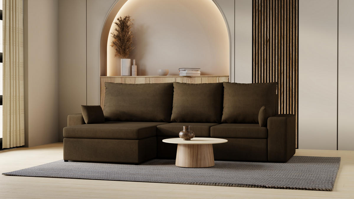 ECKSOFA Paco mit Bettkasten und Schlaffunktion, L-Form/XL-Form, Velourstoff, Universal - Braun, Holzwerkstoff (276/145cm) - 4ALL HOME