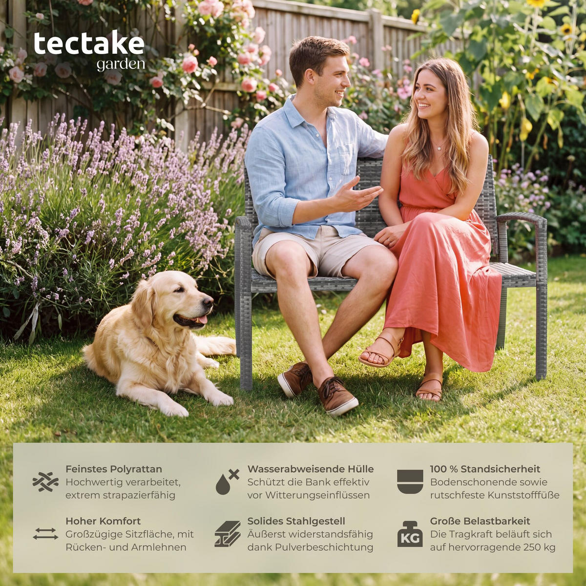 RATTAN-GARTENBANK Murat, 125 x 62,5 x 90 cm, inklusive Schutzhülle, grau - Grau, Kunststoff (125/90/62.5cm) - tectake