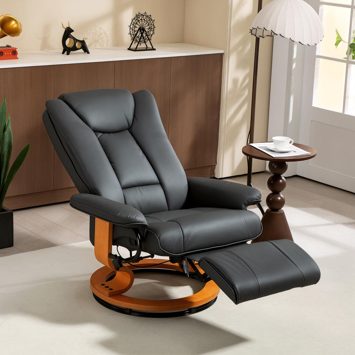 RELAXSESSEL, drehbarer TV-Sessel, Liegefunktion, Fußstütze Lederoptik Dunkelgrau - Dunkelgrau, Leder/Holzwerkstoff (88/103/78cm) - HOMCOM