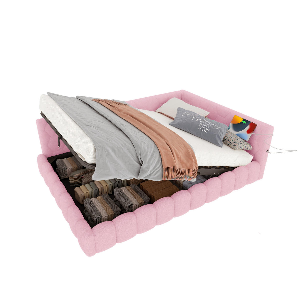 DENNÍ postel 140/200 cm růžová z veluru a MDF s LED osvětlením a úložným prostorem - růžová, textil (140/200cm) - OKWISH