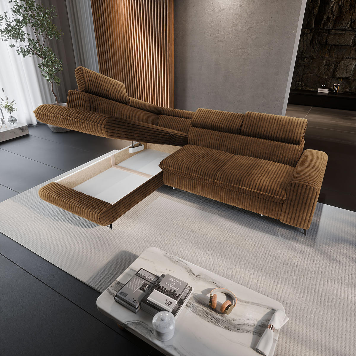 ECKSOFA VELISS Orange Kordstoff mit Schlaffunktion - Orange, Holz (255/193cm) - MASSENO