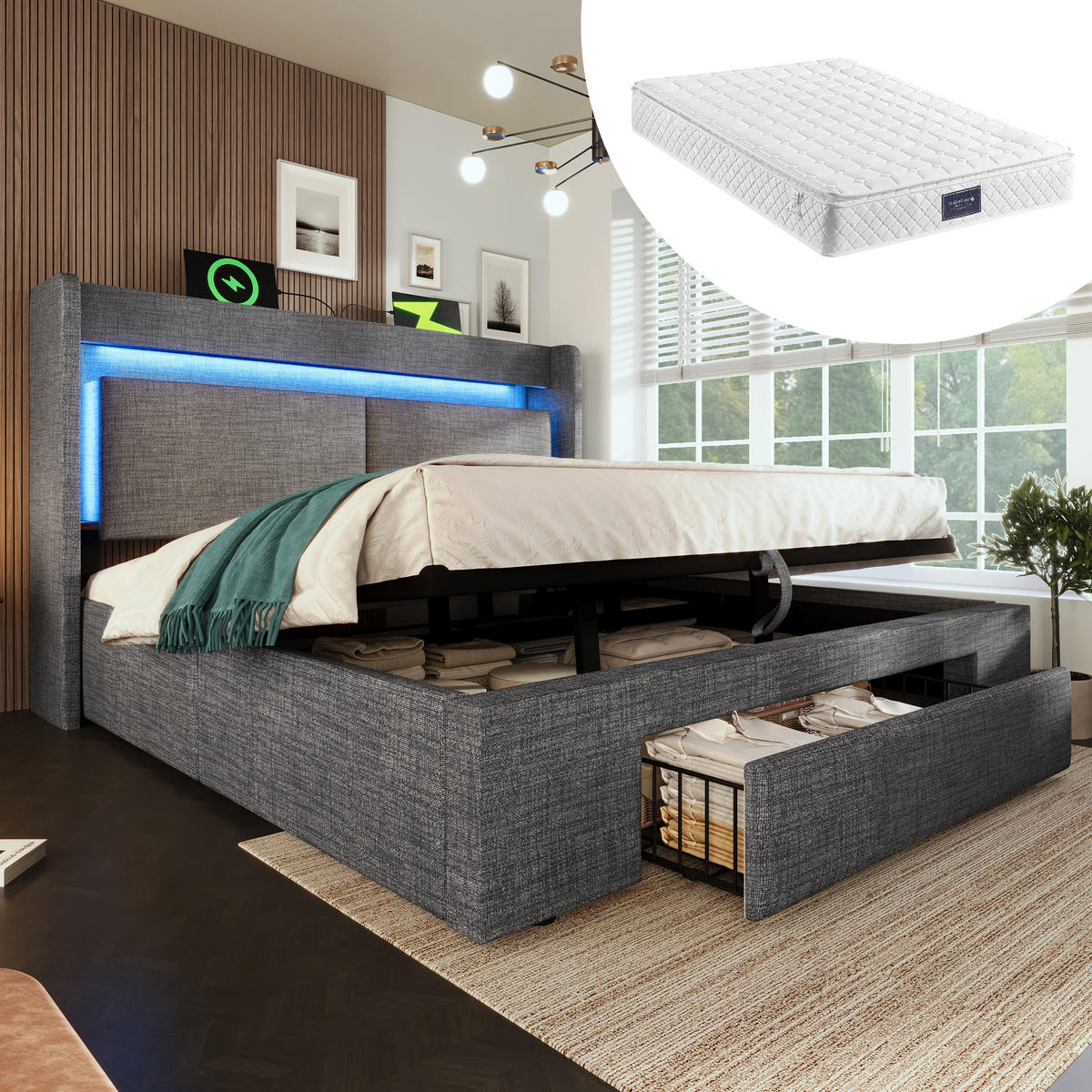 POLSTERBETT aus Leinen 140x200 cm in Grau mit LED & Matratze - Grau, Textil (140/200cm) - Modfu