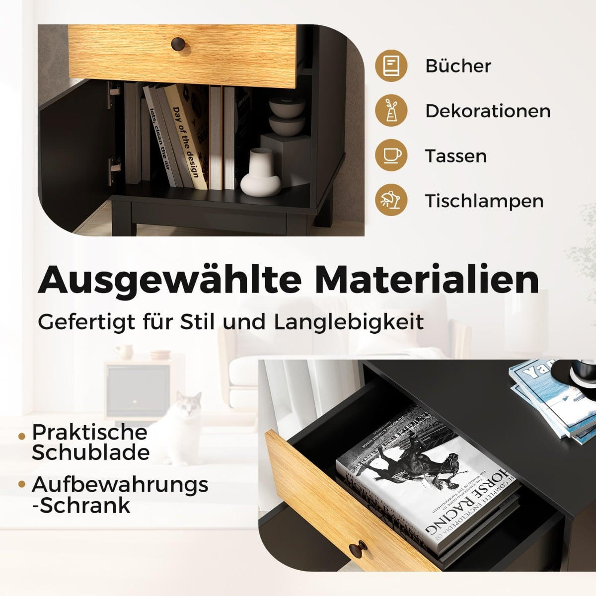 NACHTTISCH mit Schublade und Schrank, Boho Nachtkonsole, 55 cm - Schwarz/Braun, Holz/Holzwerkstoff (39/55/40cm) - DESIGN IN