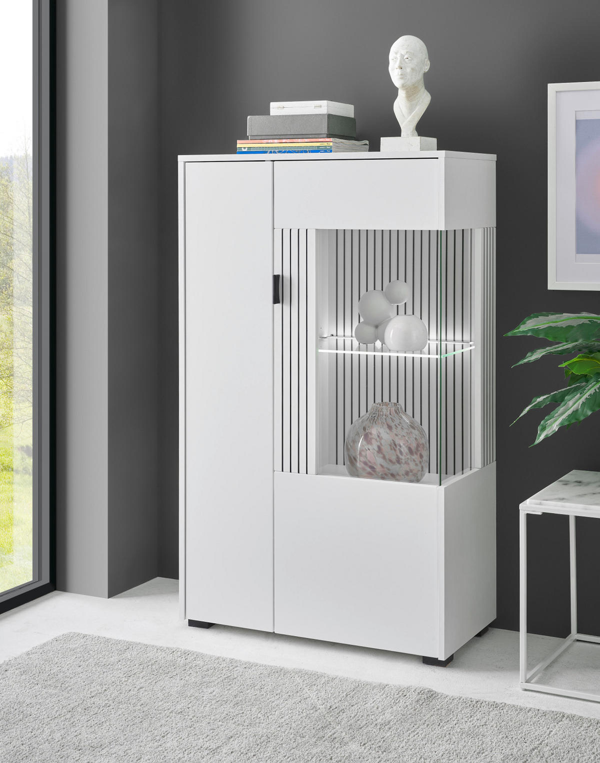 VITRINE weiß matt, Highboard 75 x 125 cm mit Soft-Close - Schwarz/Weiß, Glas/Holzwerkstoff (75/125/38cm) - Furn.Design