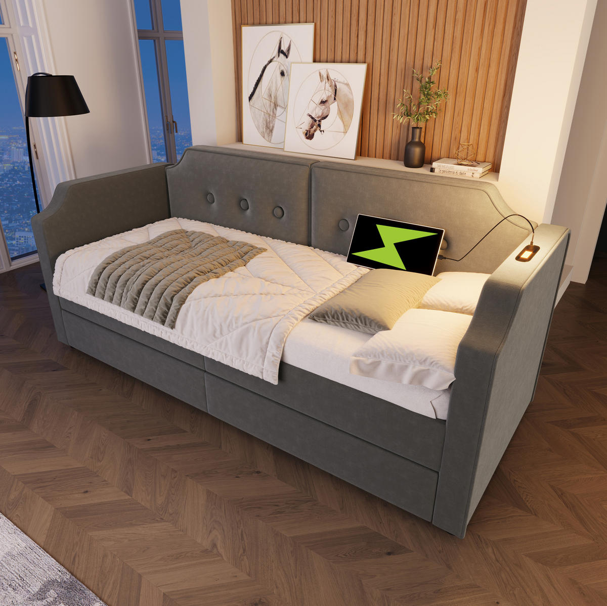 POLSTERBETT aus Samt 90x200 cm in Grau mit Leselampe & USB-C - Grau, Textil (90/200cm) - Modfu