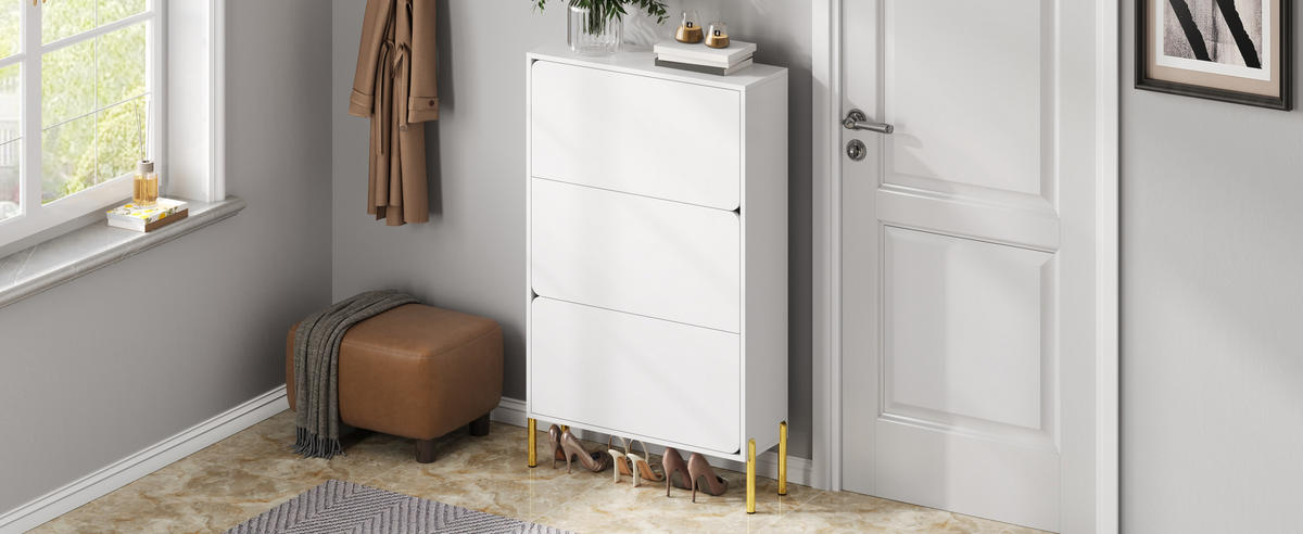 SCHUHSCHRANK 3 Türen groß Stauraum Goldfüße - Weiß, Holz (73/120/24cm) - LEBENLANG