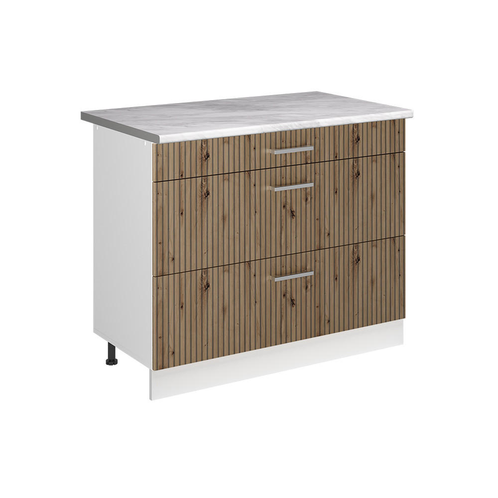 KÜCHENUNTERSCHRANK R-Line, Artisan-Eiche/Weiß, 100 cm Arbeitsplatte Marmor - Weiß/Eiche Artisan, Holzwerkstoff (100/81.6/60cm) - Vicco