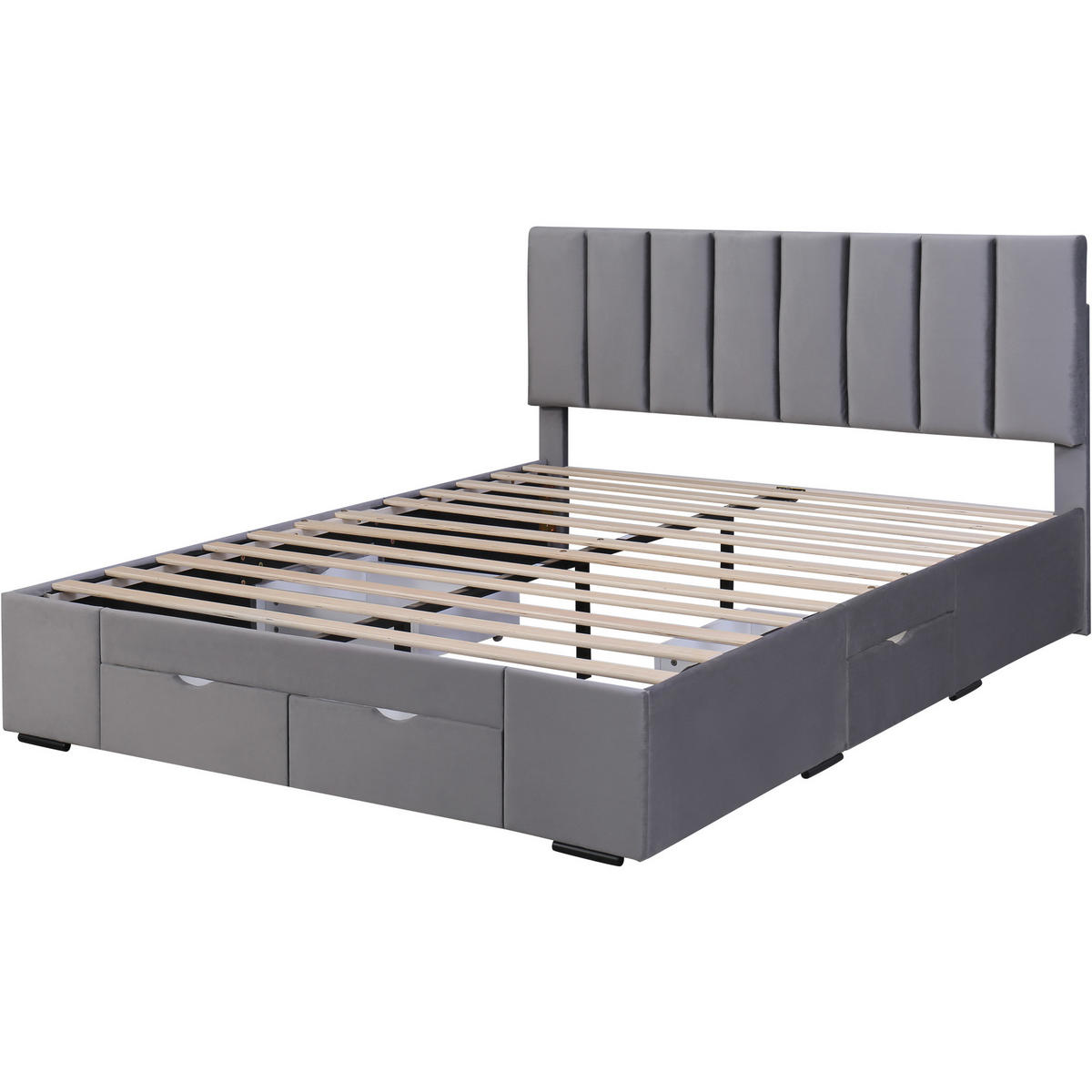 POLSTERBETT 160/200 cm grau aus Samt mit Lattenrost 4 Schubladen - Grau, Textil (160/200cm) - OKWISH