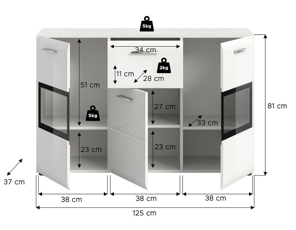 SIDEBOARD weiß Hochglanz 125 x 81 cm, Kommode mit viel Stauraum - Weiß Hochglanz/Silberfarben, Holzwerkstoff/Kunststoff (125/81/37cm) - Inn.Furn