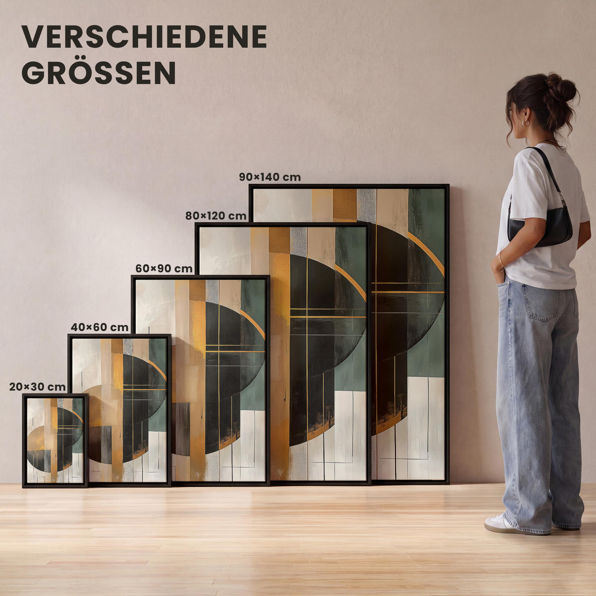 LEINWAND Bilder mit Rahmen - Abstrakt - Gold - Bronze - Grün - Formen - Modern - 100x150 - Multicolor, Textil (100/150cm) - MuchoWow