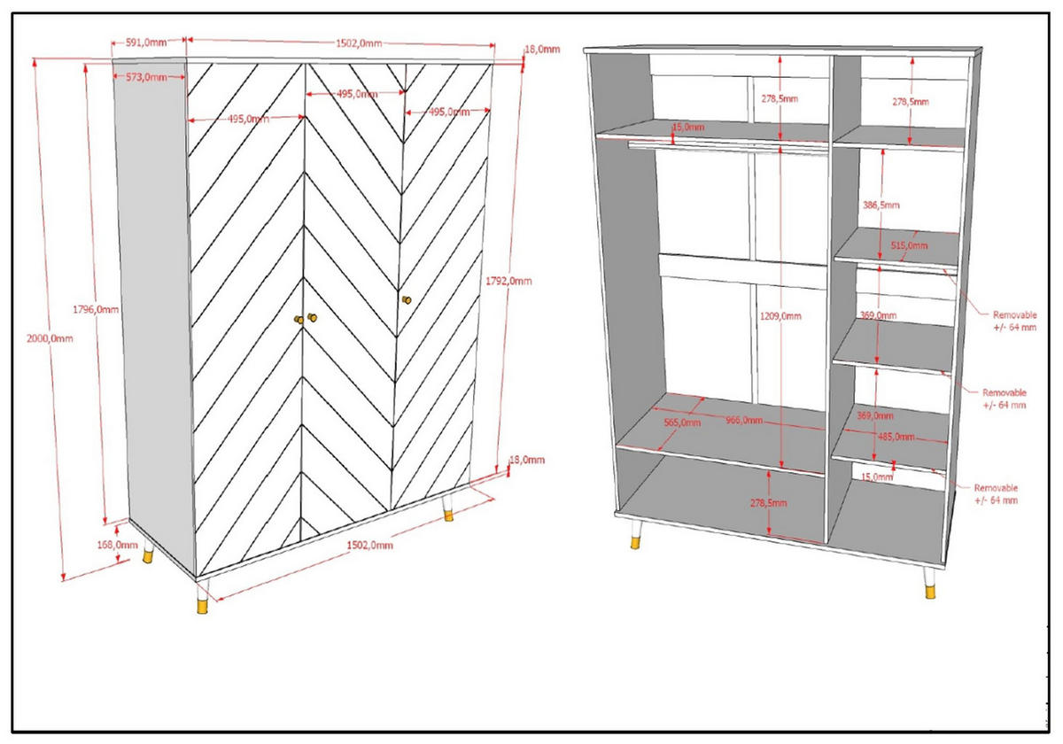 KLEIDERSCHRANK Kamillah 150x59x200 mit 3 Türen aus MDF in Satin Weiß - Weiß, Holzwerkstoff (150/200/59cm) - 58aufmkessel