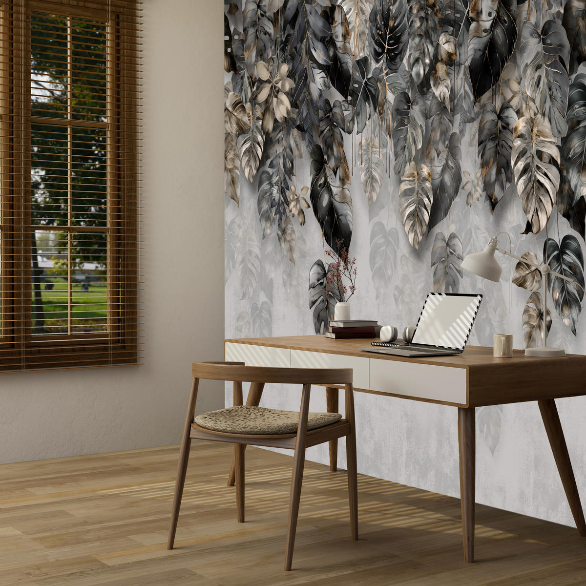 FOTOTAPETE für Wohnzimme Tropenblätter Beton Monstera 300x210 - Gelb/Schwarz, Papier (300/210cm) - Muralo