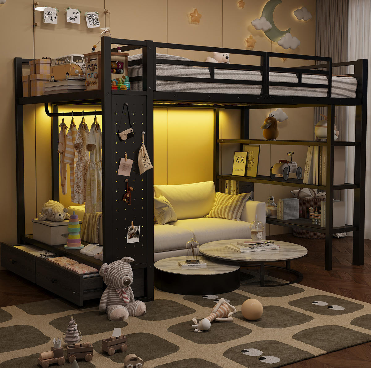 HOCHBETT 140/200 cm mit offenem Kleiderschrank, Regalen, Lochwand und LED-Beleuchtung, Schwarz - Schwarz, Holzwerkstoff (140/200cm) - Redom