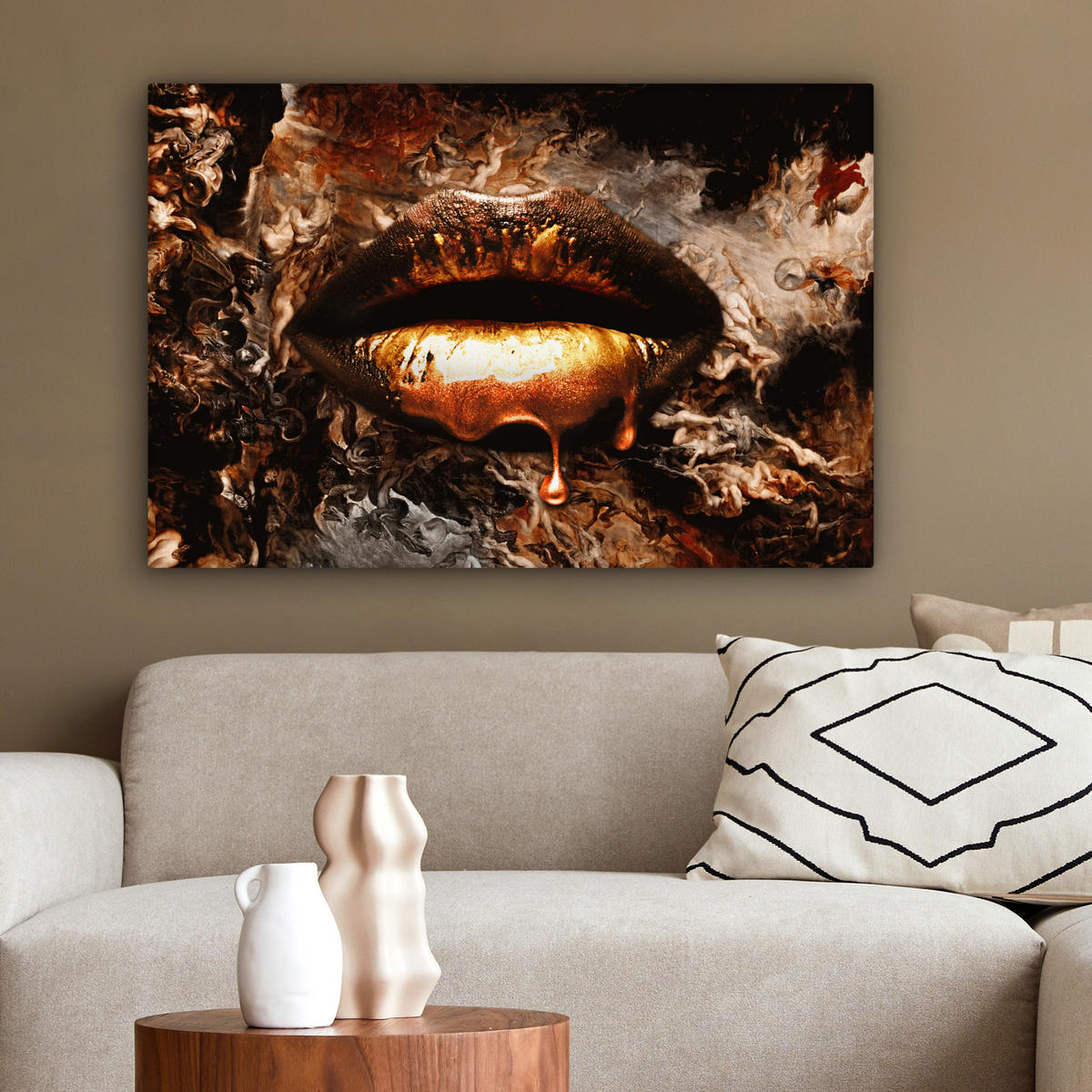 LEINWANDBILD Gold - Lippen - Kunst - Gold - Luxus - Abstrakt Gemälde 60x40 cm - Kupferfarben, Textil (60/40cm) - MuchoWow