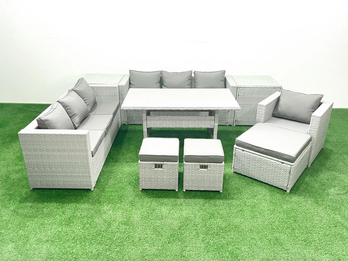 GARTENMÖBEL SET mit 3-Sitzer-Sofa und Sessel, Esstisch,3 Hockern,2 Beistelltischen Polyrattan Hellgrau 10-Sitzer - Hellgrau/Grau, Glas/Kunststoff - Fimous