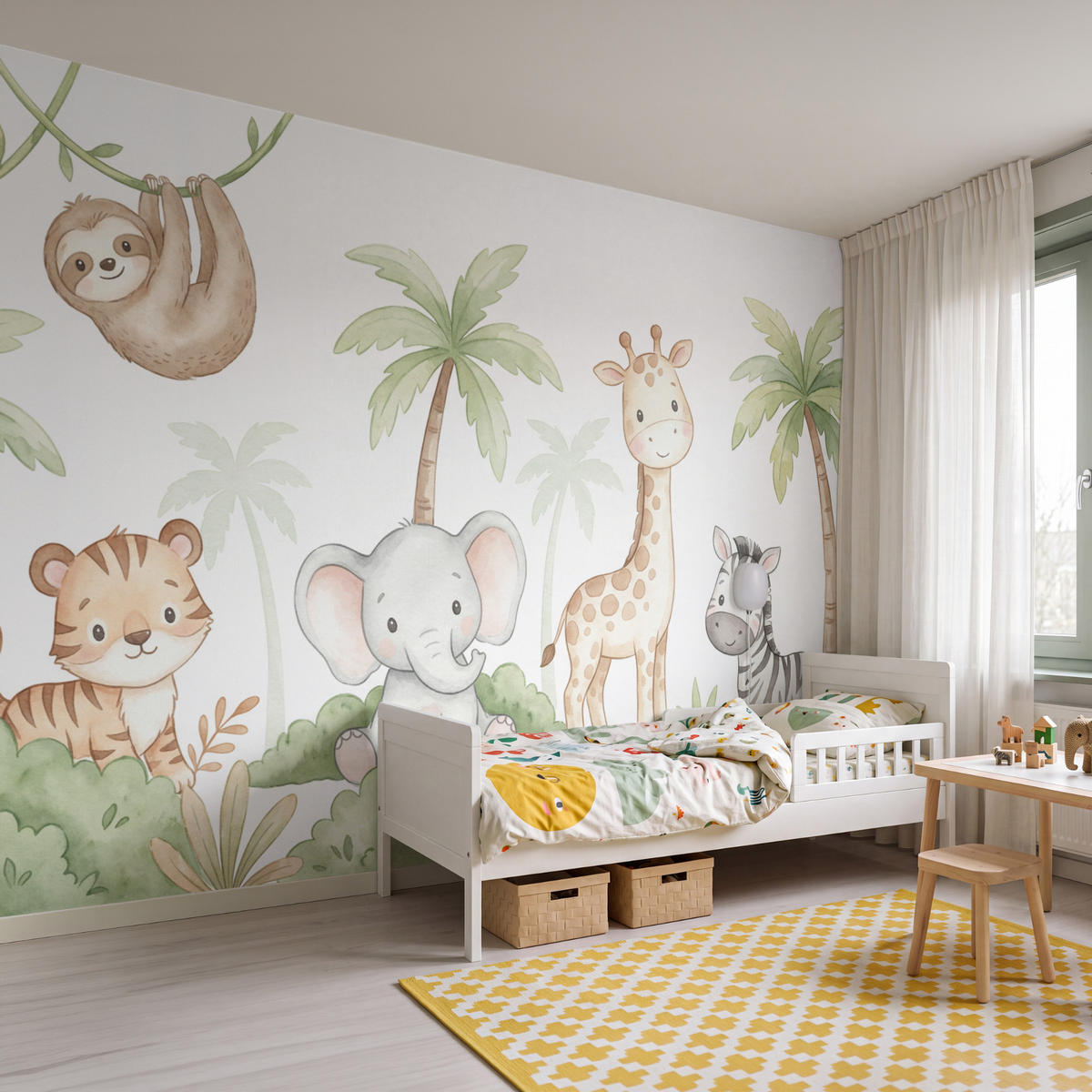 KINDERTAPETE - Tiere - Dschungel - Pastell - 350x240 cm - Weiß, Papier (350/240cm) - OnlyWow
