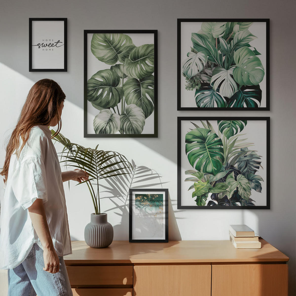BILDER SET 5er Set - 50x50 cm & 20x30 cm & 40x60 cm Schwarzer Rahmen - Sweet Home Green Plants - Schwarz, Kunststoff (40/60cm) - TULUP