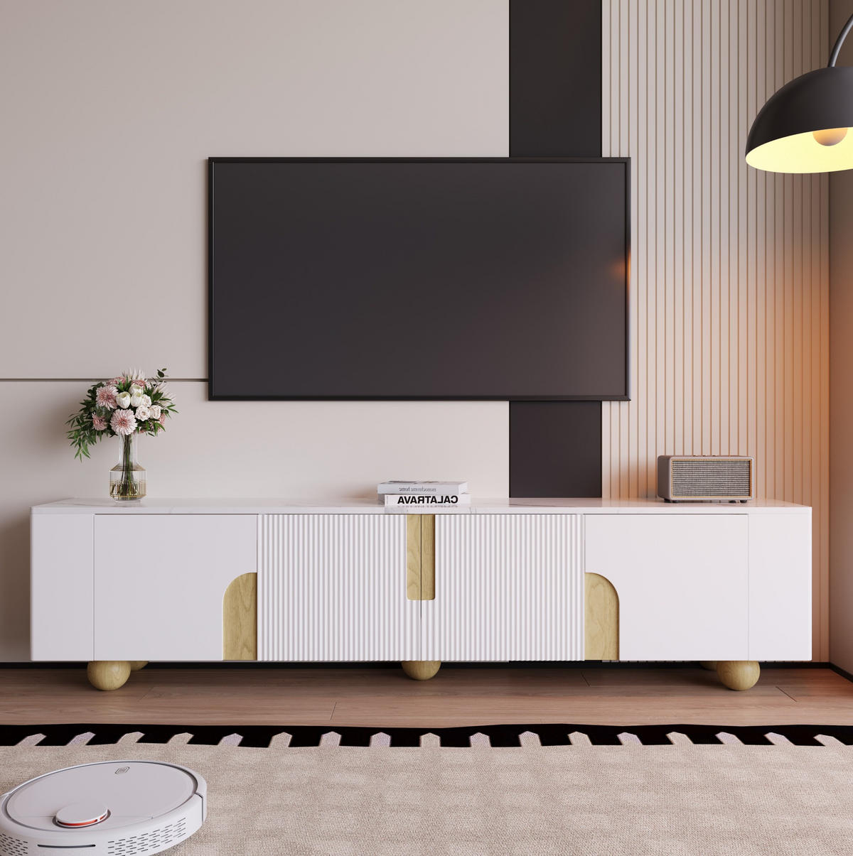 LOWBOARD 180/40/44 cm in Weiß/Holzfarbe aus MDF und Spanplatte mit 4 Türen - Weiß, Holzwerkstoff (40/44/180cm) - OKMYHOME