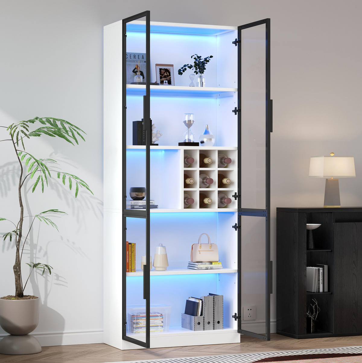 VITRINE 80/35/200 cm aus Spanplatte mit Glastüren, Weinfach und LED-Beleuchtung Weiß - Weiß, Holzwerkstoff (80/200/35cm) - Modenvie